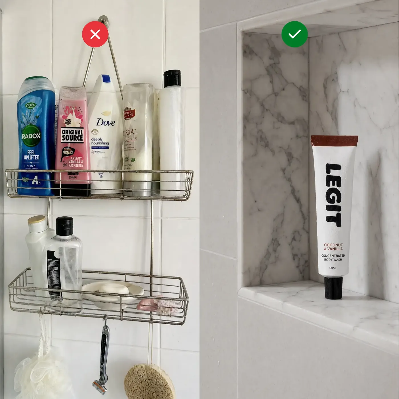 A cluttered shower caddy full of plastic bottles versus a single LEGIT 50ml tube in a marble shower niche